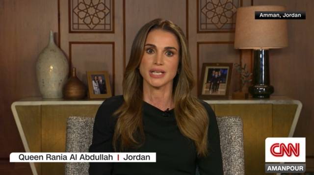 요르단의 라니아 왕비가 CNN 방송에 출연해 인터뷰 하고 있다. CNN 방송 캡처