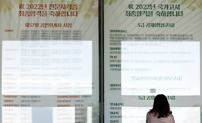 지난 22일 서울의 한 대학교에 국가고시 등 합격자 명단이 붙어있다. [사진 출처 = 연합뉴스]