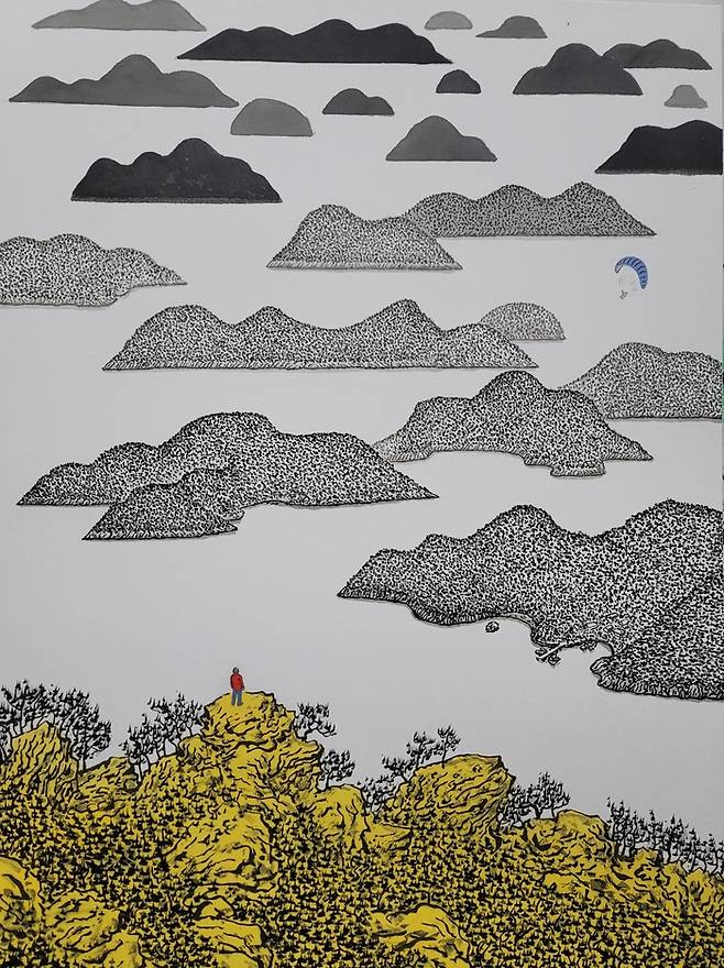 다도해를 바라보다 128X79 한지에 먹, 아크릴릭 2023