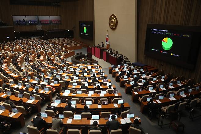 지난 3월 30일 서울 여의도 국회에서 열린 본회의에서 국내 반도체 산업 육성을 위한 이른바 ‘K칩스법’(조세특례제한법 개정안)이 가결되고 있다.