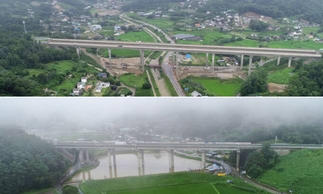 서울-양평 고속도로 예타를 통과한 원안 노선의 종점인 경기도 양평군 양서면 일대 모습(위), 대안 노선 종점으로 알려진 경기도 양평군 강상면 일대 모습. 연합뉴스