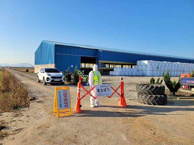 전남 무안군 한 축산농장에서 키우던 한우 한 마리가 농림축산검역본부 정밀진단 결과 럼피스킨병 확진 판정을 받았다. 사진은 초동방역 현장. 전남도 제공