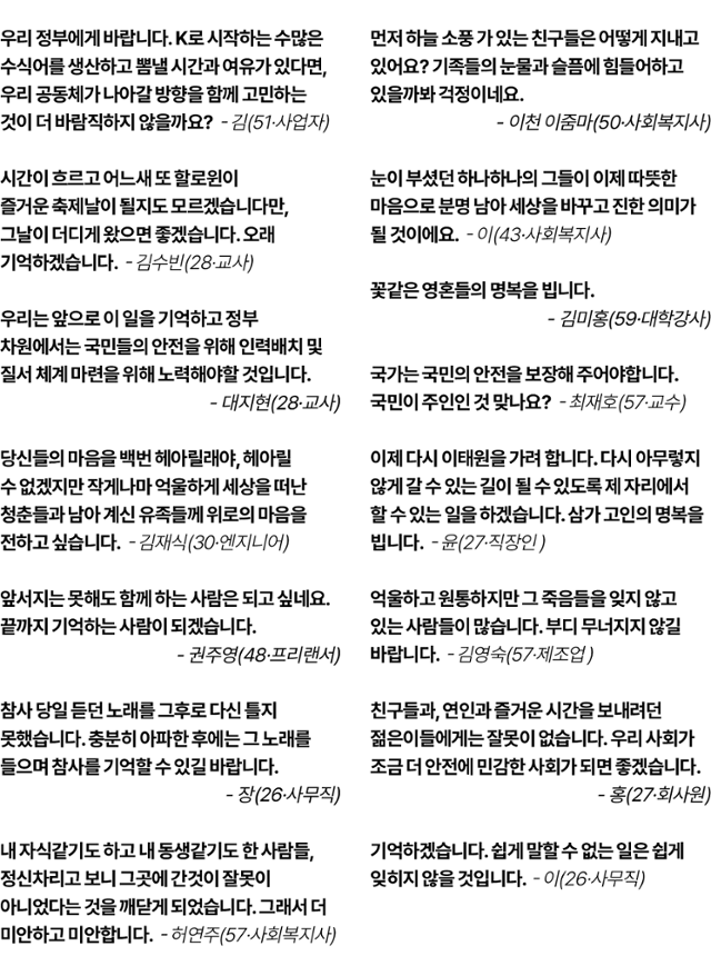 시민들이 한국일보에 보낸 추모 메시지 모음. 그래픽=김대훈 기자