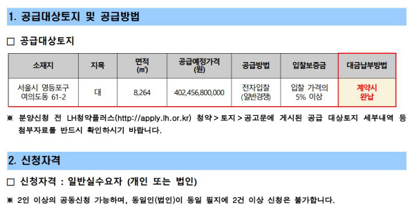 ‘서울 여의도 비축토지 공급 공고문’ 일부 캡처 (자료=LH청약플러스 홈페이지)