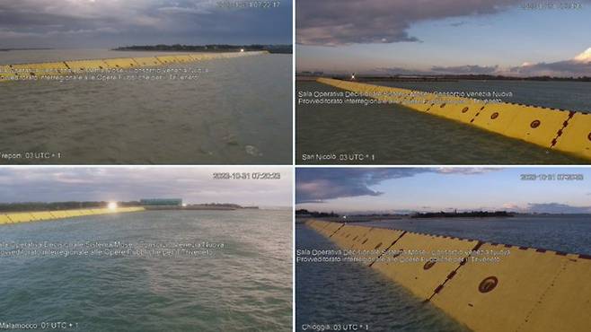 지난달 30일 154㎝까지 치솟은 조수 수위에 모세가 가동된 모습. 31일 오후까지 가동됐다. /루이지 브루냐로 베네치아 시장 엑스