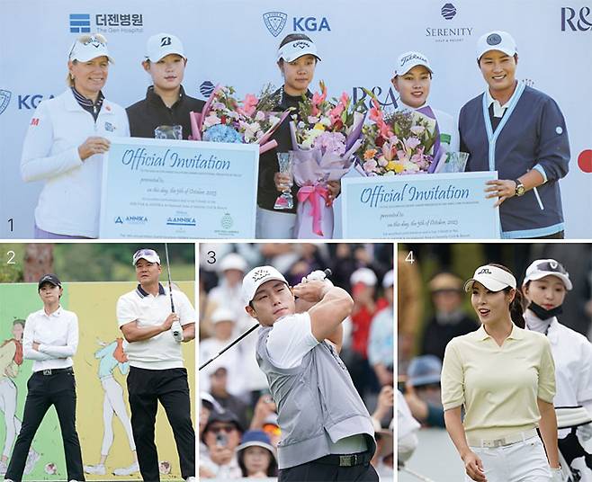 1 아시아 주니어 골퍼들에게 실전 경험과 국제 무대 진출 기회를 주기 위해 만든 제1회 ‘박세리&안니카 인비테이셔널 아시아(SERI PAK & ANNIKA Invitational Asia)’ 시상식. 2 2023 Maum 박세리 월드 매치에서 우승한 이형택과 최나연. 3 평창 올림픽 스켈레톤 금메달리스트 윤성빈. 4 리듬체조 스타 신수지. 사진 바즈 인터내셔널