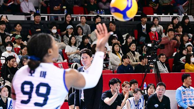 서브를 넣고 있는 현대건설 모마. KOVO 제공