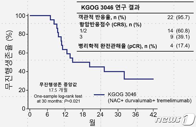 3기 이상 난소암환자 23명에게 면역관문억제제를 항암제와 함께 투여한 결과 무진행생존기간은 평균 17.5개월로, 기존 3기 이상 난소암 환자의 무진행생존기간에 비해 1.5배 가까이 늘었다. 이중 환자 9명에게선 30개월 이상 암이 발견되지 않기도 했다./(세브란스병원 제공)