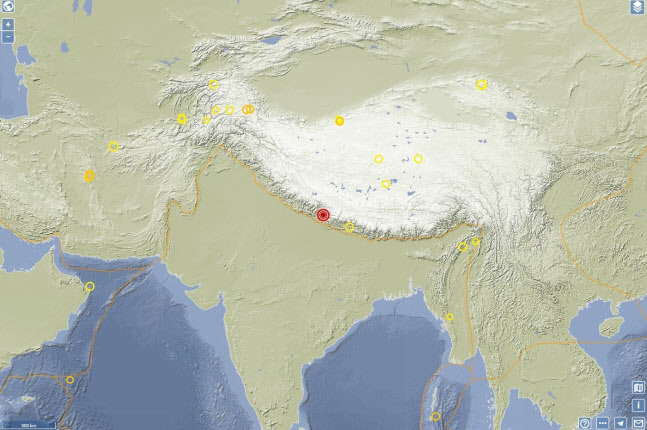 네팔 지진 위치( 독일 지구과학연구센터 웹사이트 갈무리)