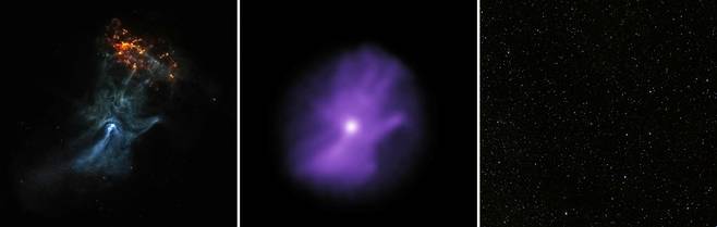 'MSH 15-52'을 (왼쪽부터) 찬드라, IXPE, 적외선 카메라로 촬영한 사진. 사진=NASA/CXC/Stanford Univ./R. Romani et al.