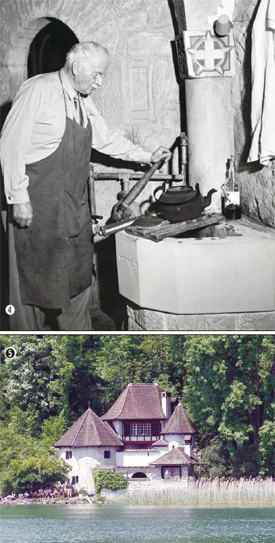 ➍ 불을 피우고 차를 끓이는 만년의 융. ➎ 융이 1923년부터 1956년까지 33년 동안 4개의 건축물로 완성한 볼링겐의 성탑.