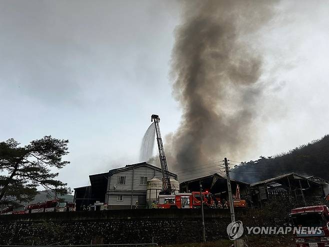 양계장 화재로 생긴 짙은 연기 (삼척=연합뉴스) 5일 낮 12시 39분께 강원 삼척시 미로면 사둔리 한 양계장에서 불이 나 소방 당국이 진화 작업을 벌이고 있다. 2023.11.5 [삼척시 제공. 재판매 및 DB 금지] taetae@yna.co.kr