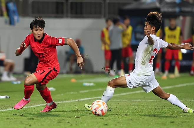 정상빈이 12일 경남 창원축구센터에서 열린 2024 파리 올림픽 1차 예선을 겸한 2024 아시아축구연맹(AFC) 23세 이하(U23) 아시안컵 예선 B조 조별리그 최종 3차전 미얀마와 대한민국의 경기에서 돌파를 시도하고 있다. 2023.9.12/뉴스1 ⓒ News1 유승관 기자 /사진=뉴스1