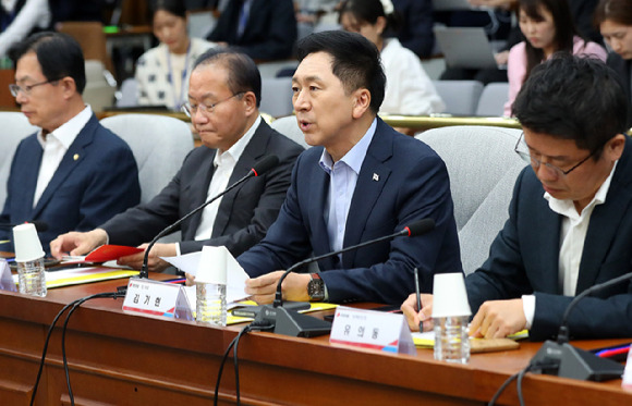 김기현 국민의힘 당 대표가 22일 오후 서울 여의도 국회에서 열린 제13차 고위당정협의회에서 발언을 하고 있다. [사진=뉴시스]