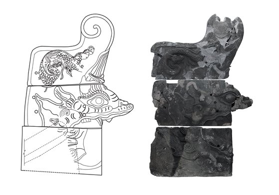 용 머리 모양을 한 숭례문 취두의 도식화(왼쪽 사진)와 실제 모습. 취두는 지붕 맨 위 좌우 끝에 놓는 장식기와다.