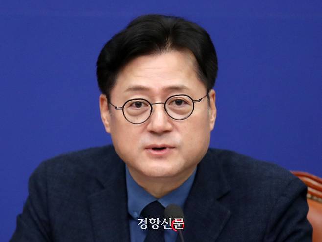홍익표 더불어민주당 원내대표가 지난 3일 국회에서 열린 최고위원회의에서 발언하고 있다. 박민규 선임기자
