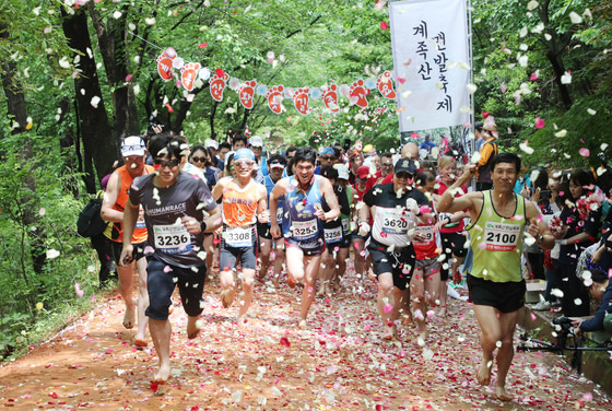 = 13일 대전 대덕구 장동 계족산에서 열린 ‘2018 계족산 맨발축제’에 참가한 시민들과 외국인들이 맨발로 황톳길을 걸으며 즐거워하고 있다.  올해 13년째 맞는 계족산 맨발축제는 12일부터 13일까지 이틀간 다양한 문화공연(맥키스오페라 뻔뻔한 클래식, 사진전시회, 맨발도장찍기, 사랑의 엽서보내기,서예전시) 등 함께 진행돼 시민들의 즐거움을 더했다. 2018.5.13/뉴스1