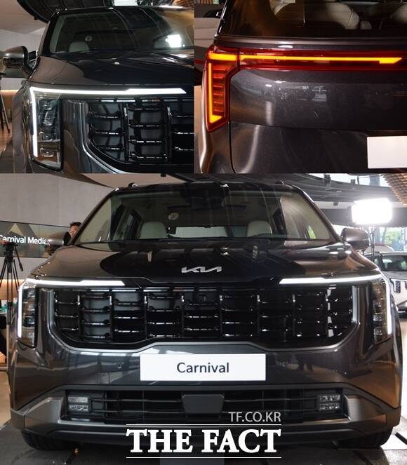 기아 '더 뉴 카니발'의 '그래비티 트림'의 모습. 프로젝션 LED 헤드램프와 전용 블랙 라디에이터 그릴과 휠로 차별화했다. 별자리를 형상화한 '스타맵 시그니처 라이팅' 주간주행등(DRL)이 인상적이다. /김태환 기자