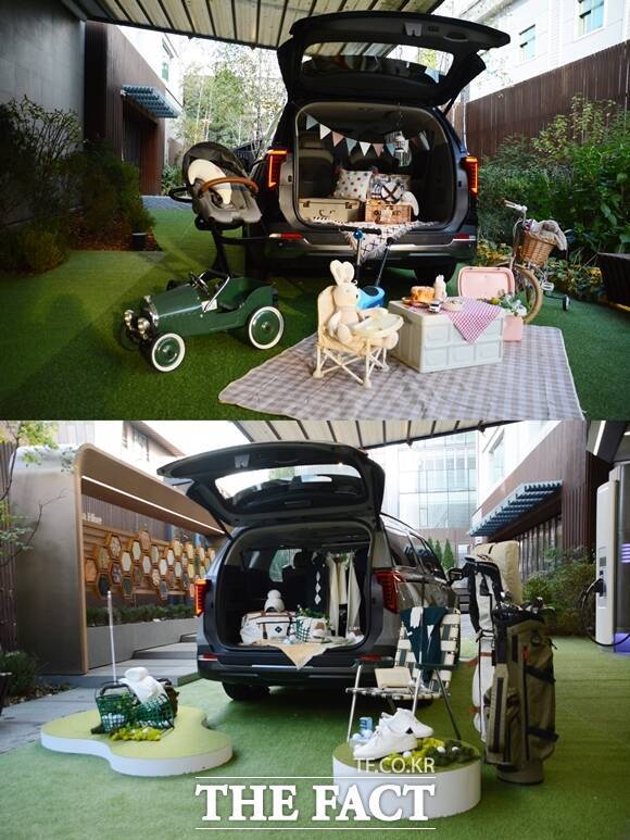 기아 '더 뉴 카니발'의 공간 활용 예시. 7인승은 630ℓ, 9인승은 680ℓ의 적재 공간을 제공한다. /김태환 기자