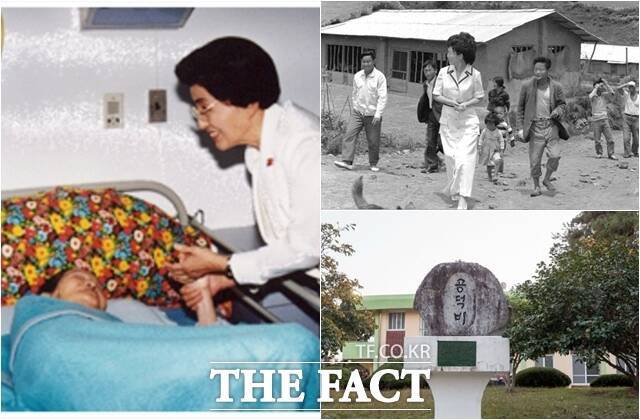 왼쪽은 2000년 5월 이희호 여사가 영부인으로는 처음으로 소록도를 방문해 한센인을 위로하는 모습. 오른쪽은 1970년 6월 17일나환자촌을 방문한 육영수 여사와 소록도에 있는 故 육영수 여사 공덕비 /국정홍보처 발간 '대한민국 정부 기록사진집' 제8권, 국립소록도병원 홈페이지, 김대중평화센터 제공