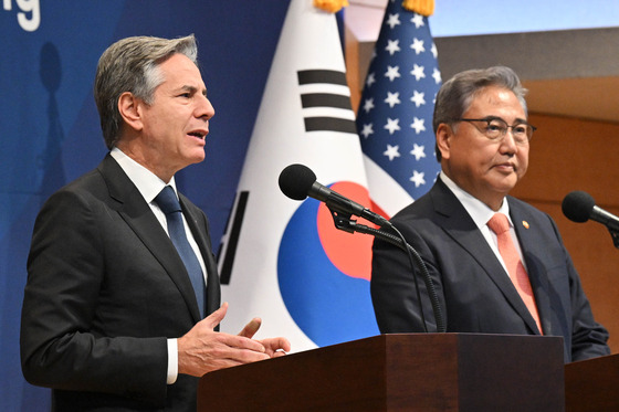 U.S. Secretary of State Antony Blinken speaks during a joint press conference with Foreign Minister Park Jin at the ministry's headquarters in Seoul on Thursday. [YONHAP]