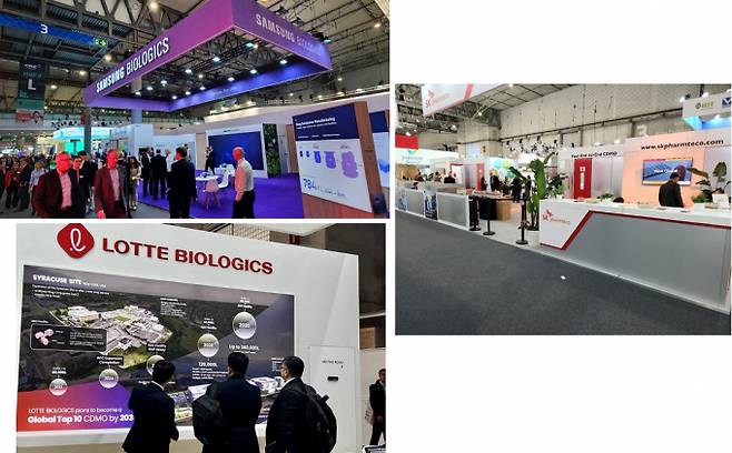 지난달 24~26일 스페인 바르셀로나에서 열린 'CPHI 월드와이드 2023' 현장. (왼쪽부터 시계방향) 삼성바이오로직스 부스, SK팜테코 부스, 롯데바이오로직스 부스. /사진=독자제공