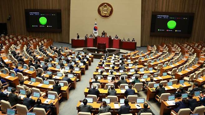 지난 9일 오후 서울 여의도 국회에서 열린 제410회 국회(정기회) 제11차 본회의에서 노동조합 및 노동관계조정법 일부개정법률안(대안)이 재적 298인, 재석 174인, 찬성 173인, 반대 0인, 기권 1인으로 가결되고 있다. ⓒ뉴시스