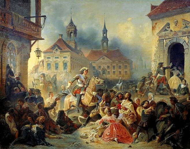 러시아의 표트르 1세가 1704년 나르바를 점령한 후 약탈하는 군인들을 막는 모습. 러시아 화가 니콜라이 사우어바이드가 1859년 그린 그림.