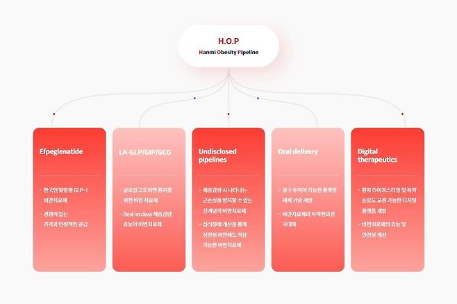 한미약품이 올해 9월 발표한 ‘H.O.P(한미 비만 파이프라인)’ 프로젝트 구성도. 이 프로젝트는 글루카곤 유사 펩타이드-1(GLP-1) 비만치료제를 신성장 동력으로 선택했다.  /한미약품 제공