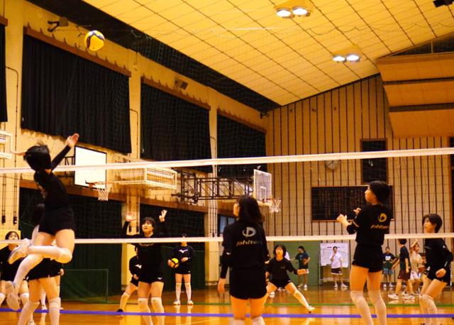 지난달 20일 일본 오사카의 곤코오사카고교 여자 배구부원들이 체육관에서 연습을 하고 있다. 뒤편으로는 훈련 중인 농구부원들이 보인다. 오사카=유대근 기자
