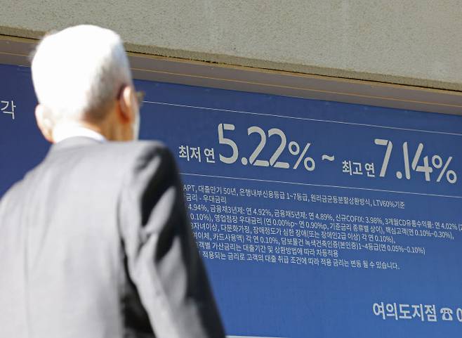한 시민이 은행 앞의 대출안내 문구를 바라보고 있다.(사진=연합뉴스)