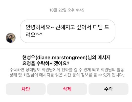 필자의 인스타그램 계정으로 온 낯선 계정의 메시지. 