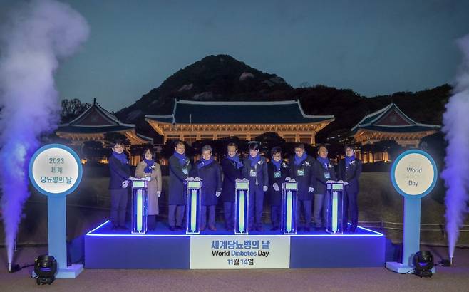 14일 오후 청와대에서 열린 '세계 당뇨병의 날 기념 청와대 푸른빛 점등식'에서 참석자들이 파란 불을 켜고 있다. (사진 왼쪽부터) 문준성 대한당뇨병학회 총무이사, 김미영 1형당뇨병환우회 대표, 차봉수 대한당뇨병학회 차기 이사장, 차순도 한국보건산업진흥원장, 전병왕 복지부 보건의료정책실장, 원규장 대한당뇨병학회 이사장, 서교일 학회 회장, 박경수 학회 전 이사장, 권혁상 학회 언론-홍보이사, 배재현 학회 언론-홍보 간사. /사진=대한당뇨병학회