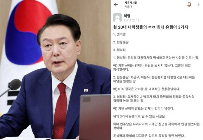 윤석열 대통령(왼쪽), 온라인상에 올라온 MZ세대 유행어. (사진=연합뉴스, 애브리타임 캡처)