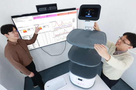 LG유플러스 직원들이 로봇 이용 고객 경험을 개선하기 위해 데이터 분석 리포트를 리뷰하고 있다. LG유플러스 제공