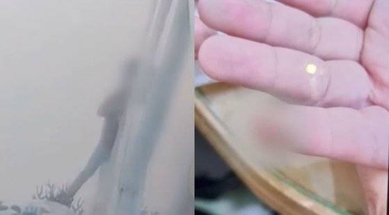 교실에 들어가려는 A군의 모습(왼쪽)과 손가락이 교실 문틈에 끼어 아절단 진단을 받은 A군의 손. 사진 MBC 뉴스 캡처