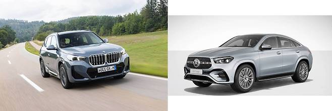 BMW ‘뉴 X1 xDrive20i’(왼쪽)과 ‘더 뉴 메르세데스-벤츠 GLE 400 e 4MATIC 쿠페’ / 출처=각사