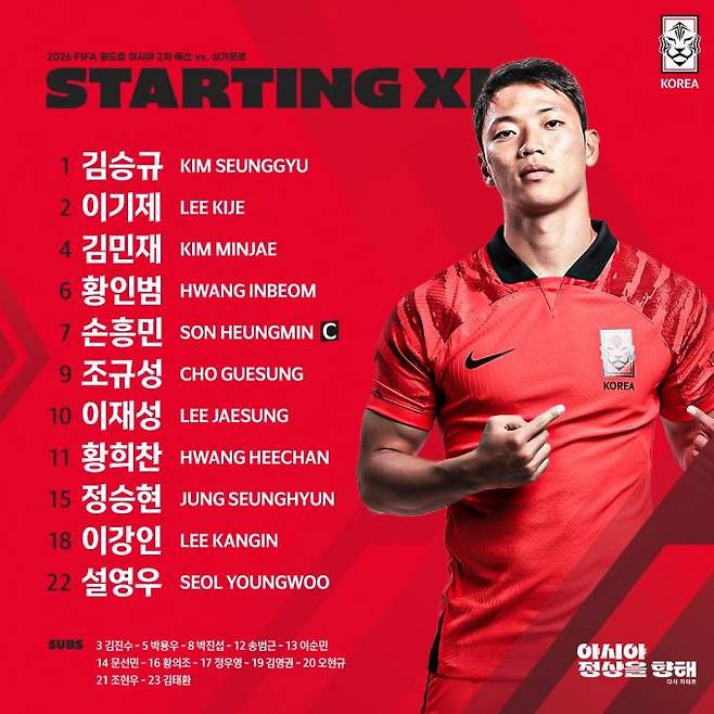 싱가포르전 선발 명단. 대한축구협회(KFA) SNS