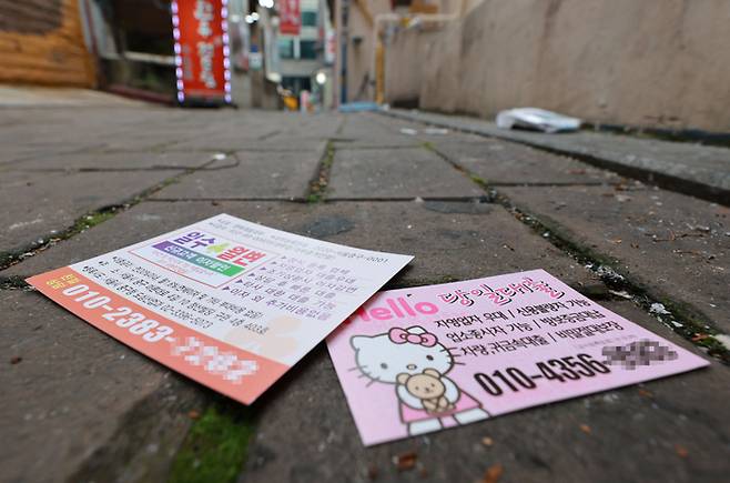 시내 길가에 뿌려져 있는 대출 관련 전단지.[사진 = 연합뉴스]