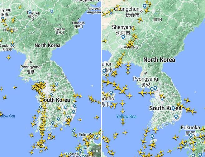 [서울=뉴시스] 홍찬선 기자 = 16일 24학년도 대학수학능력시험 영어듣기평가 시간(오후 1시10분부터 35분까지) 25분간 국내공항에서 항공기 이착륙이 전면 중단됐다. 사진은 플라이트레이더24(Flightradar24)를 통해 이날 오전 9시(왼쪽)와 수능 영어듣기평가가 실시되는 같은날 오후 1시30분(오른쪽) 한반도 상공에서 운행되는 항공기 운항 모습. 2023.11.16. (사진=Flightradar24  캡쳐) photo@newsis.com *재판매 및 DB 금지