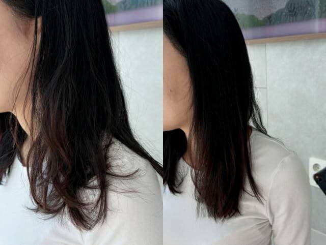 왼쪽 모발 한가닥을 '에어스트레이트 스트레이트너'로 1번 내리면서 펴주니까 웨이브 모발이 스트레이트(생머리)로 완성됐다. (사진=지디넷코리아)