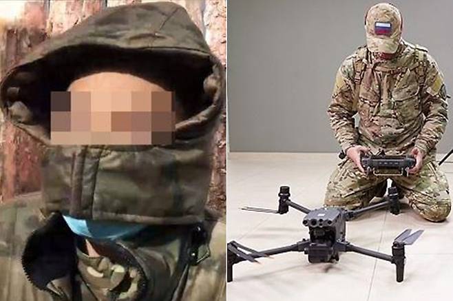 러시아군 국제여단에 자원입대해 복무 중이라는 한국인 남성의 인터뷰를 담은 러시아 매체 'AIF'의 소셜미디어 영상. 이 남성은 2015년 한국에서 드론을 날려봤다며 러시아군에서도 드론 관련 병과에 근무할 예정이라고 밝혔다. 오른쪽은 러시아 드론 훈련 센터. 텔레그램 캡처·연합뉴스