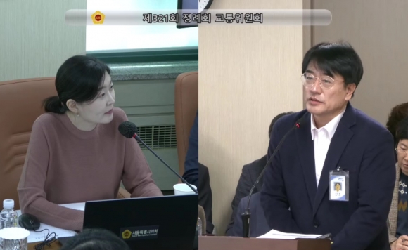 지난 9일 교통위원회 회의실에서 서울시설관리공단을 대상으로 실시된 행정사무감사에서 질의중인 김혜지 의원