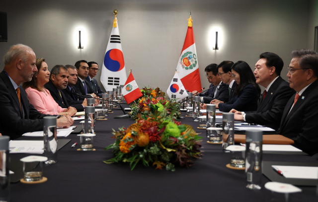 아시아태평양경제협력체(APEC) 정상회의 참석차 미국을 방문한 윤석열 대통령이 16일(현지시간) 샌프란시스코 한 호텔에서 열린 디나 볼루아르테 페루 대통령과의 한·페루 정상회담에서 발언하고 있다. 샌프란시스코=연합뉴스