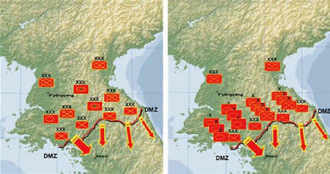 김일성 집권기(왼쪽)와 김정일 집권기의 북한군 주요 부대 배치 비교. [김기호]