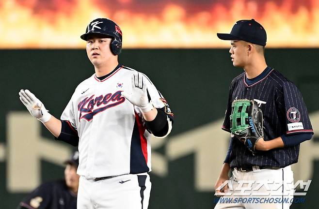 18일 일본 도쿄돔에서 열린 2023 아시아 프로야구 챔피언십(APBC) 한국과 대만의 경기. 5회말 김형준이 안타를 날린 뒤 환호하고 있다. 도쿄(일본)=박재만 기자pjm@sportschosun.com/2023.11.18/