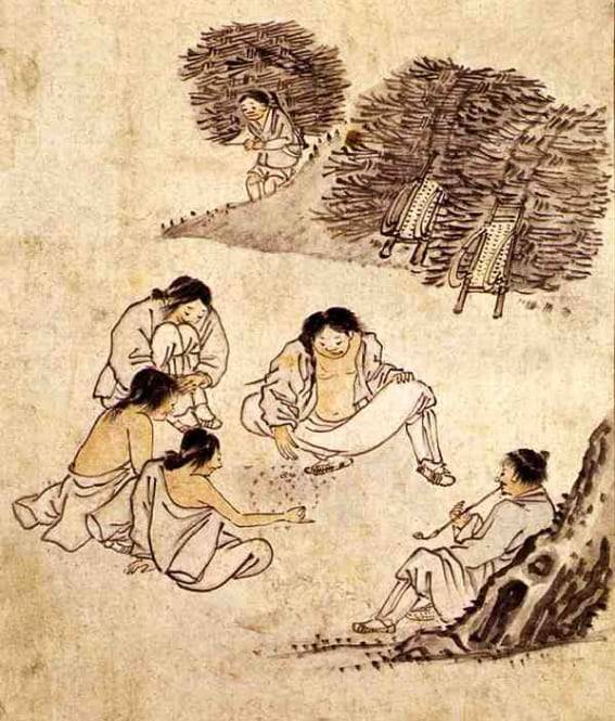 고누놀이, 단원 김홍도 (檀園 金弘道, 1745 – 1816) 작품, 단원풍속도첩(檀園風俗畵帖). 종이에담채, 27 cm x 22.7 cm, 국립 중앙박물관 소장. /공공부문