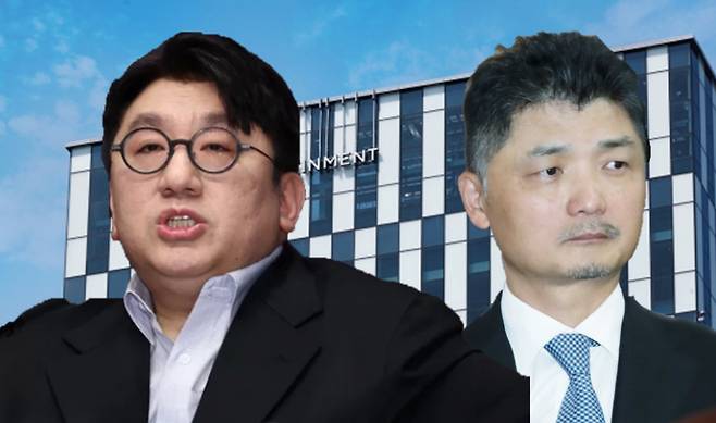 방시현 하이브 의장(왼쪽)과 김범수 카카오 창업자 [사진, 연합]