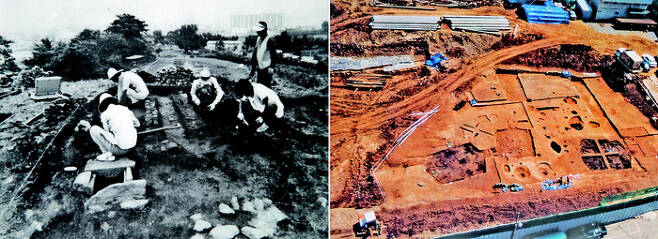 1984년 몽촌토성 발굴이 진행되고 있다(왼쪽). 오른쪽은 1997년 풍납토성 발굴 현장 전경. [서울역사아카이브]