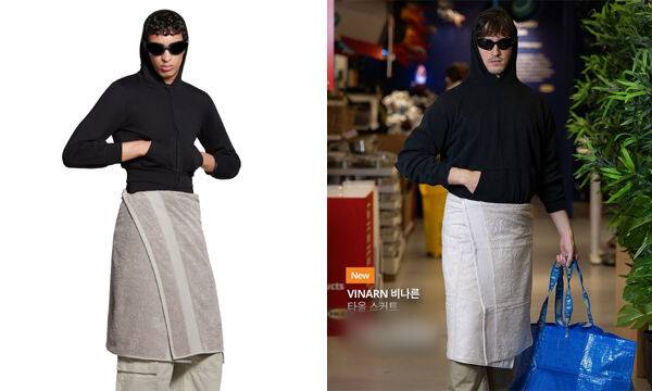 발렌시아가 2024 봄 컬렉션에 선보인 ‘타월 스커트’와 이를 9900원짜리 수건으로 패러디한 이케아. 발렌시아가 홈페이지·이케아 인스타그램